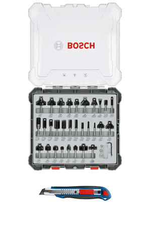 Bosch Fräser Set Mixed 30 teilig 8 mm Schaft für Oberfräsen + Cuttermesser