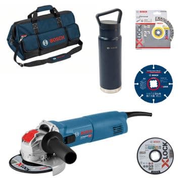 Bosch BAUKIT Winkelschleifer GWX 10-125 X-Lock inklusive Zubehör und Tasche + Isolierflasche
