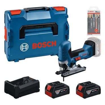 Bosch Akku-Stichsäge GST 18V-125 S, 2x 5.0 Ah und Ladegerät + Stichsägeblattset in L-BOXX